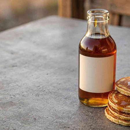 A bottle of maple syrup with a blank label and pancakes on the table