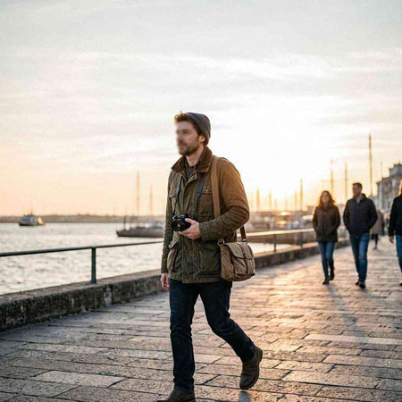 Handsome young man with a camera on the embankment.