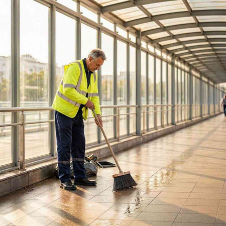 Mature man cleaning corridor with broom and dustpan at the airport