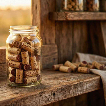 Wine corks in a glass jar on a rustic background