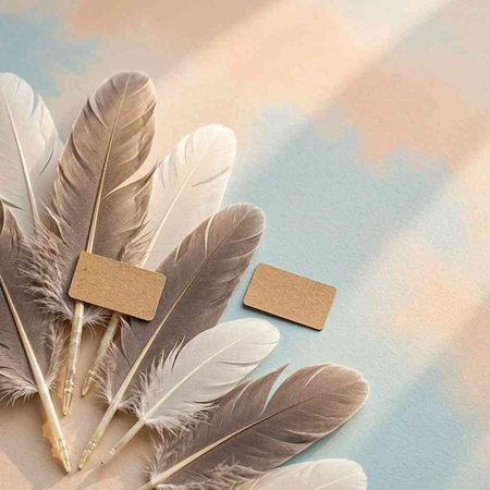 feathers and blank business cards on a pastel background.