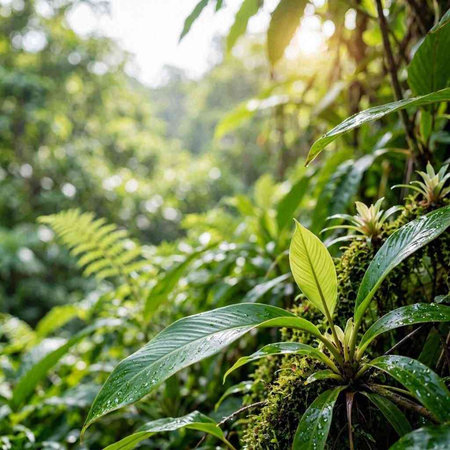 Close-up of green leaves with sunlight in the rainforest.