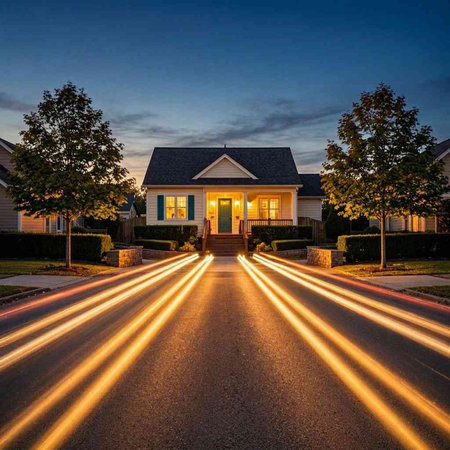 Sunset view of the entrance to a residential house with light trails.