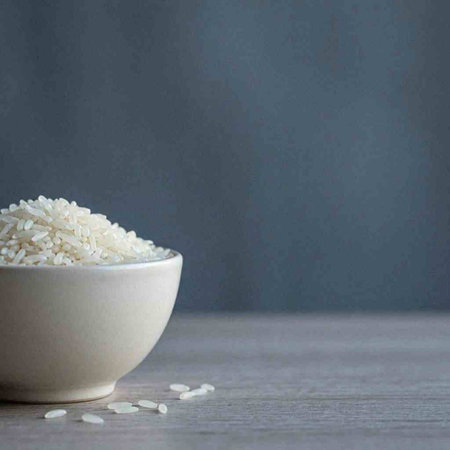 Rice in a white bowl on a gray background. Place for text.