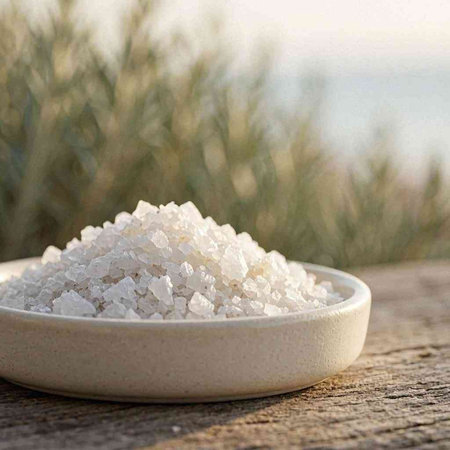 Sea salt in a ceramic bowl on a wooden table with a blurred background