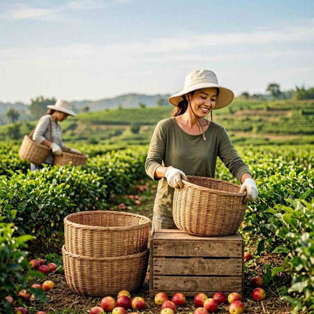 Harvesting of ripe red apples in a basket in the field