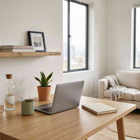 Workplace with laptop and coffee cup on wooden table in living room
