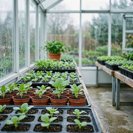 Plantation of seedlings in a greenhouse. Selective focus.