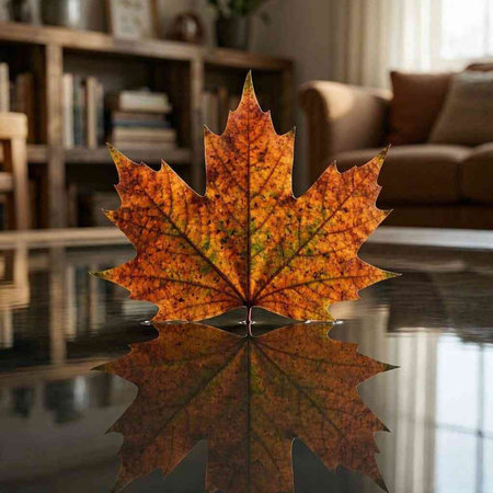 Maple leaf on the glass table with reflection in the living room