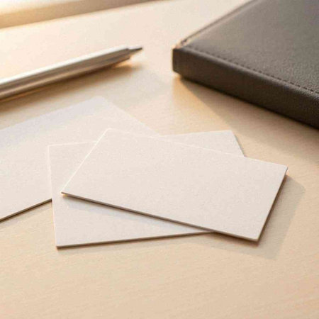 Blank business cards on a white table with pen and notebook.