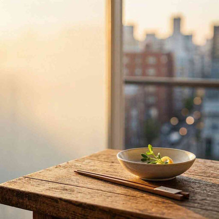 Bowl with chopsticks on a wooden table in front of a window.
