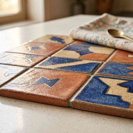 Ceramic tiles in a kitchen with a spoon and a towel