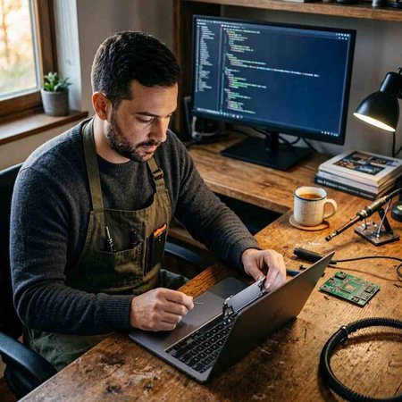 Engineer in apron working on laptop at desk in the office