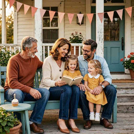 Happy family sitting on the porch of their house and reading a book