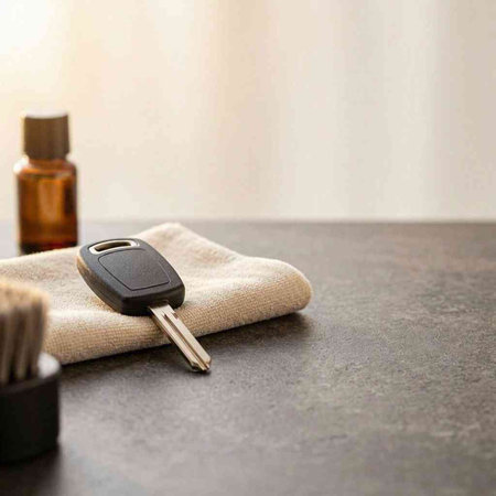 Car key with remote control on grey table. Car detailing concept.