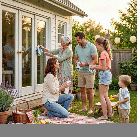 Happy family having fun on a picnic in the yard of their house