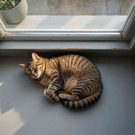 Cat sleeping on the windowsill in the morning. Cute cat