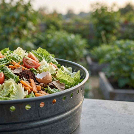 Fresh salad in a basket on a table in a vegetable garden.