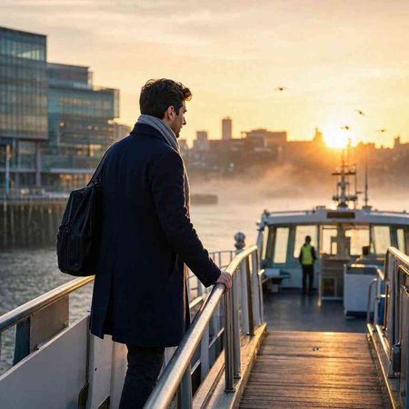Businessman standing on the deck of a ferry and looking at the sunset