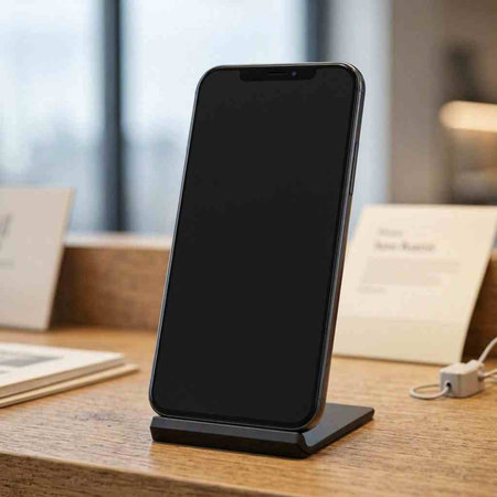 Smartphone mockup with black screen on wooden table in cafe.