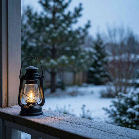 Lantern on the balcony in winter with snow and pine trees