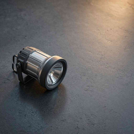 Metal flashlight on a dark background. Selective focus. Place for text.
