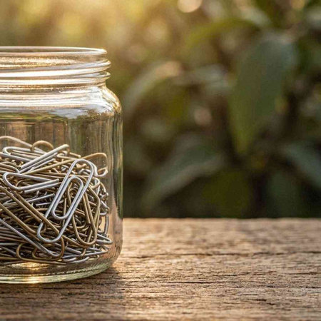 Paper clips in a glass jar on a wooden table with nature background.