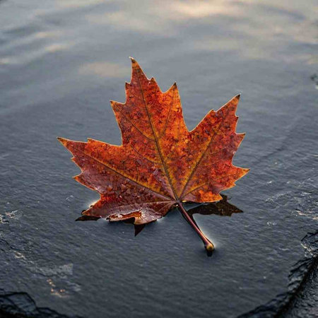 Autumn maple leaf floating on the surface of a puddle.