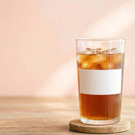Cola with ice cubes in a glass on a wooden table with copy space