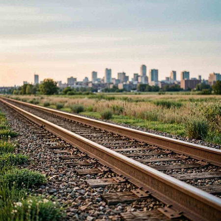 Railway tracks and the city skyline in the background at dusk.