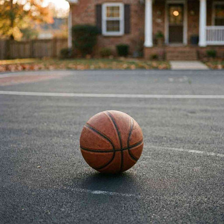 Basketball ball on a basketball court in front of a brick wall