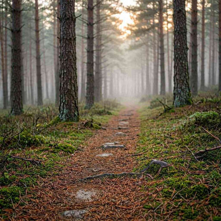 Pathway in the pine forest at sunrise. Beautiful spring landscape.