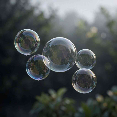 Soap bubbles in the air on a background of green grass.
