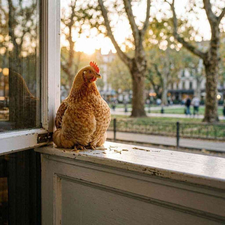 chicken sitting on a window sill at sunset in the city.