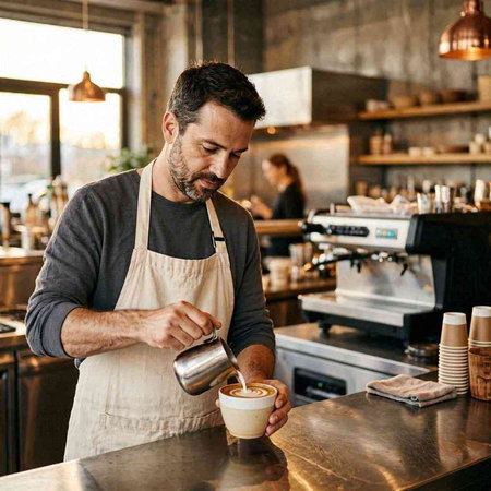 Handsome bearded man in apron pouring coffee in cup.
