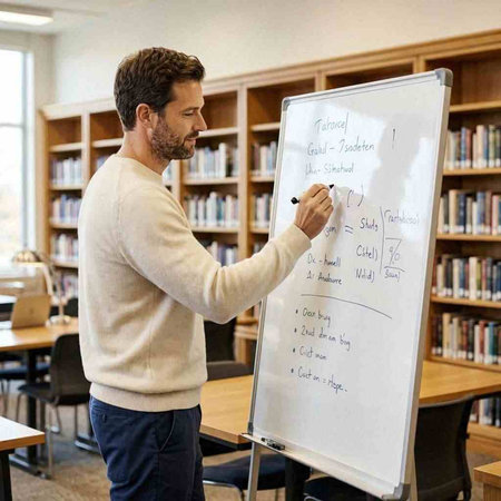 Male teacher writing on a whiteboard in a university library, focus on the man
