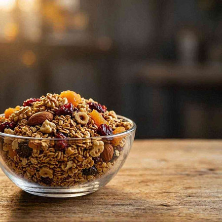 Granola with dried fruits and nuts in glass bowl on wooden table