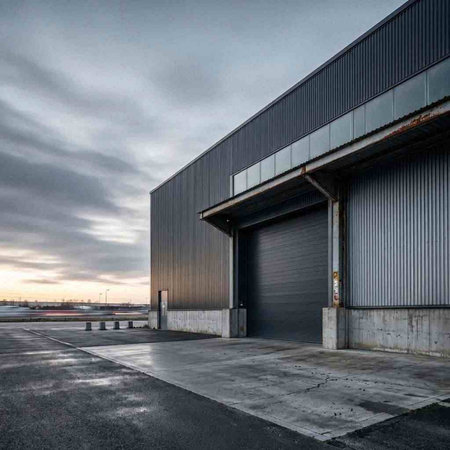 A view of a warehouse with a cloudy sky in the background.