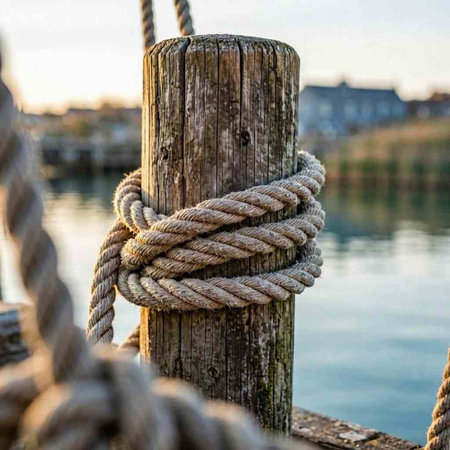 Rope on a wooden post in the harbor at sunset, selective focus