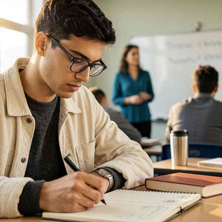 Young man in eyeglasses writing notes while sitting at desk in office