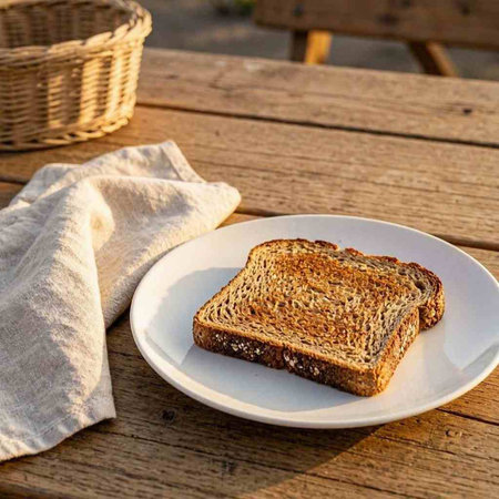 Sliced toast bread on a plate on a wooden table.