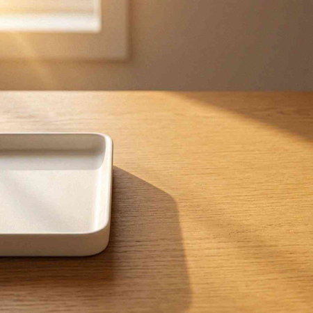 Empty white ceramic plate on wooden table with sunlight and shadow on wall