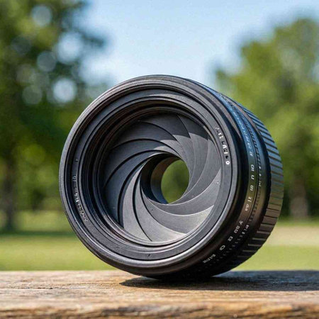 Camera lens on a wooden table in a park. Close up.