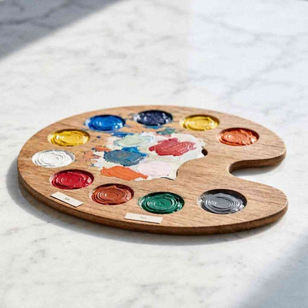Wooden palette with multicolored paints on a white marble background