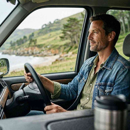 Man driving a car on a road trip in the mountains, smiling.