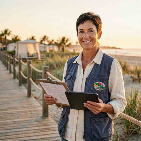 Portrait Of Mature Woman Holding Clipboard On Beach At Sunset