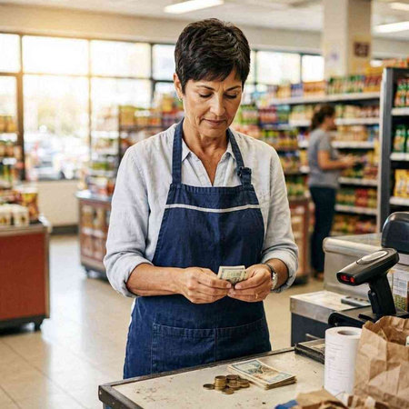 Woman at the cash register counting money in a grocery store/supermarket