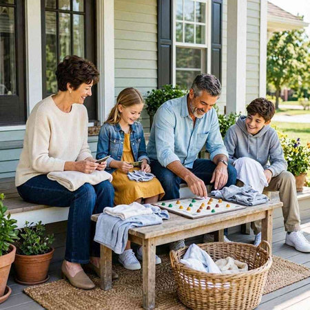 Portrait of happy family sitting on porch of house and playing chess