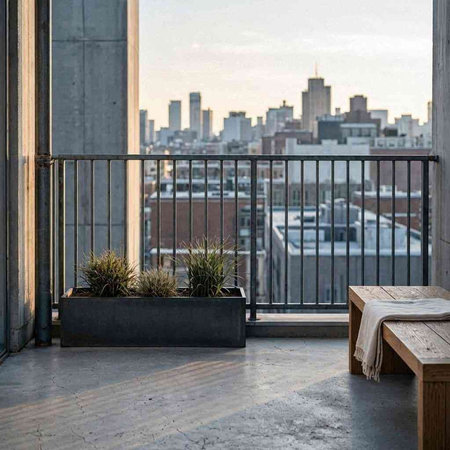 View of New York from a balcony with a bench and a deck.