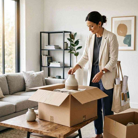 Moving house concept. Young woman unpacking cardboard boxes in living room.